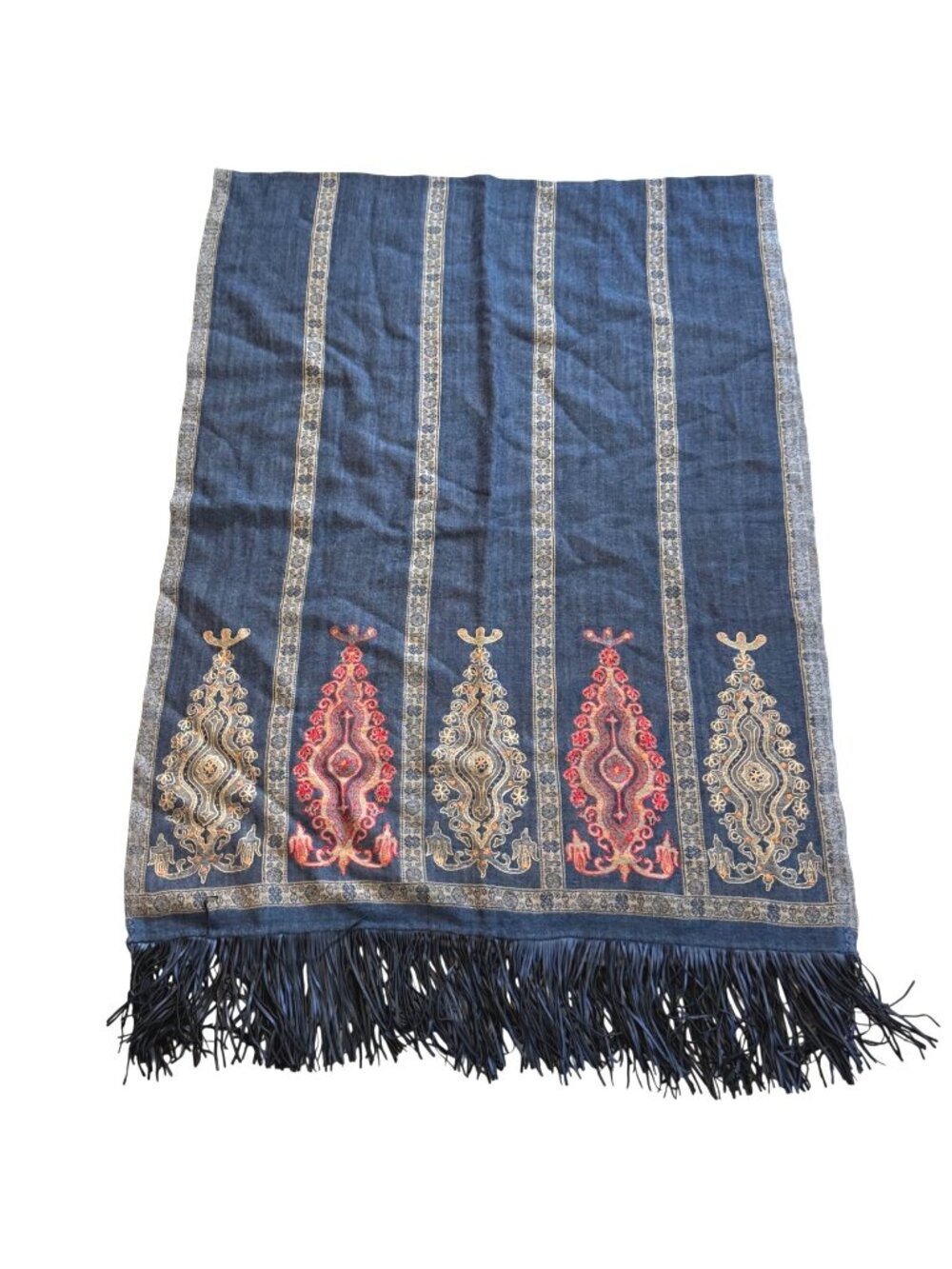 Bajra Women's Wrap Scarf Blue Paisley Wool Fringe Shawl Handmade Traditional